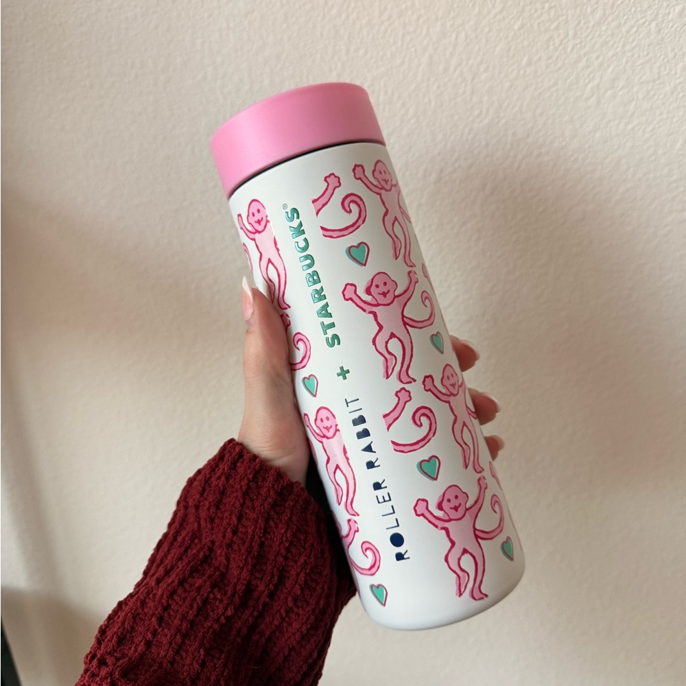 Starbucks x Roller Rabbit Pink and White Monkey Tumbler